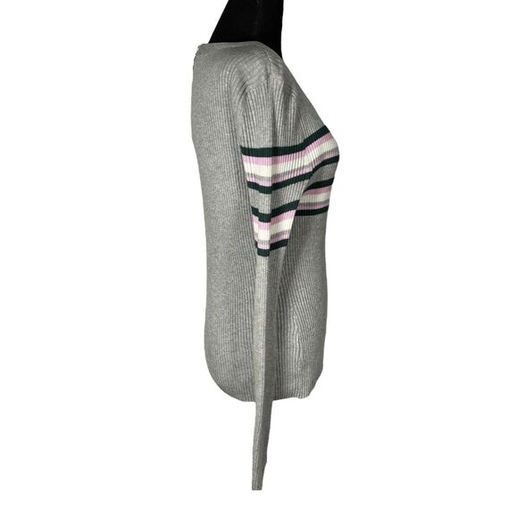 Hooked Up By IOT Long Sleeve Gray Striped Top Stretch Ribbed Knit - Picture 3 of 9